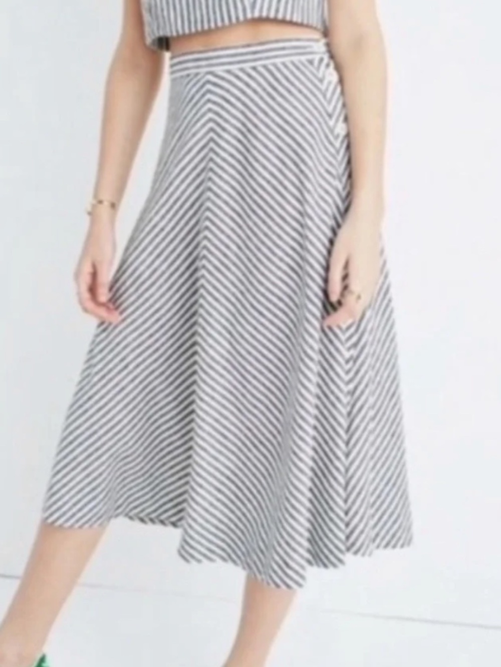 Madewell 00 Striped Linen Blend Button Side Midi Skirt Black White